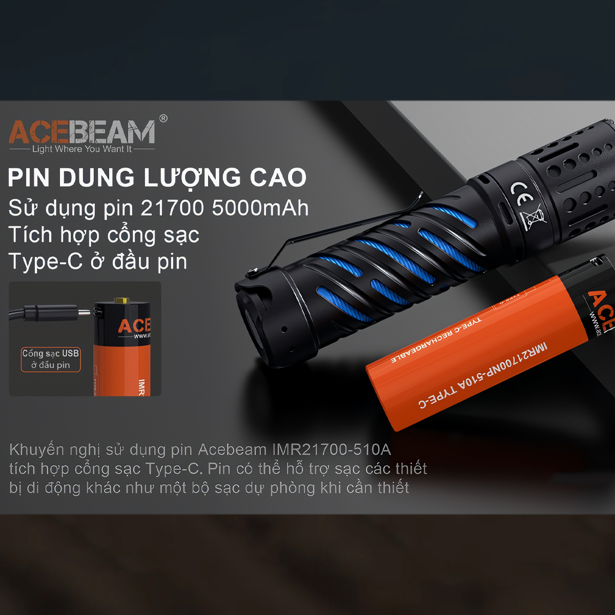 ACEBEAM E70 Đèn Pin Cắm Trại Độ Sáng 4600 Lumen Pin 21700