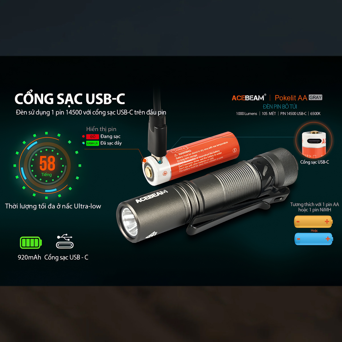 ACEBEAM POKELIT AA Đèn Pin Cắm Trại Độ Sáng 1000lm Chiếu Xa 105m Pin 14500 Ánh Sáng Trắng
