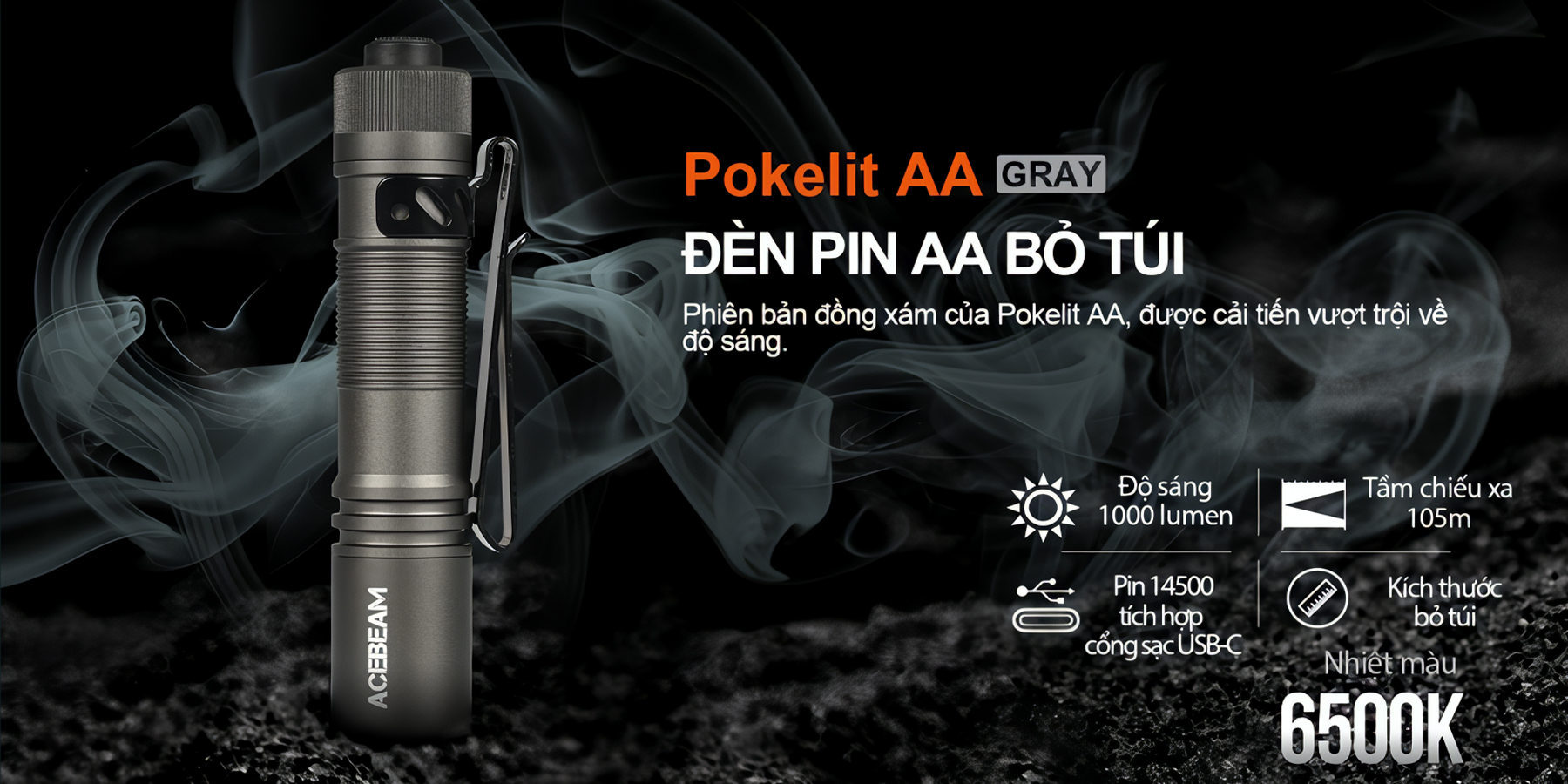 ACEBEAM POKELIT AA Đèn Pin Cắm Trại Độ Sáng 1000lm Chiếu Xa 105m Pin 14500 Ánh Sáng Trắng