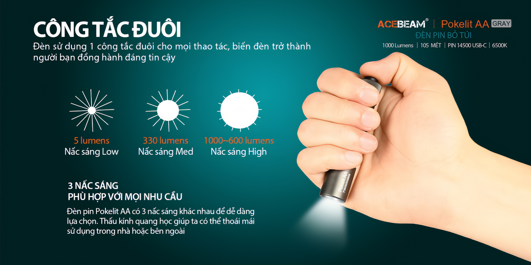 ACEBEAM POKELIT AA Đèn Pin Cắm Trại Độ Sáng 1000lm Chiếu Xa 105m Pin 14500 Ánh Sáng Trắng