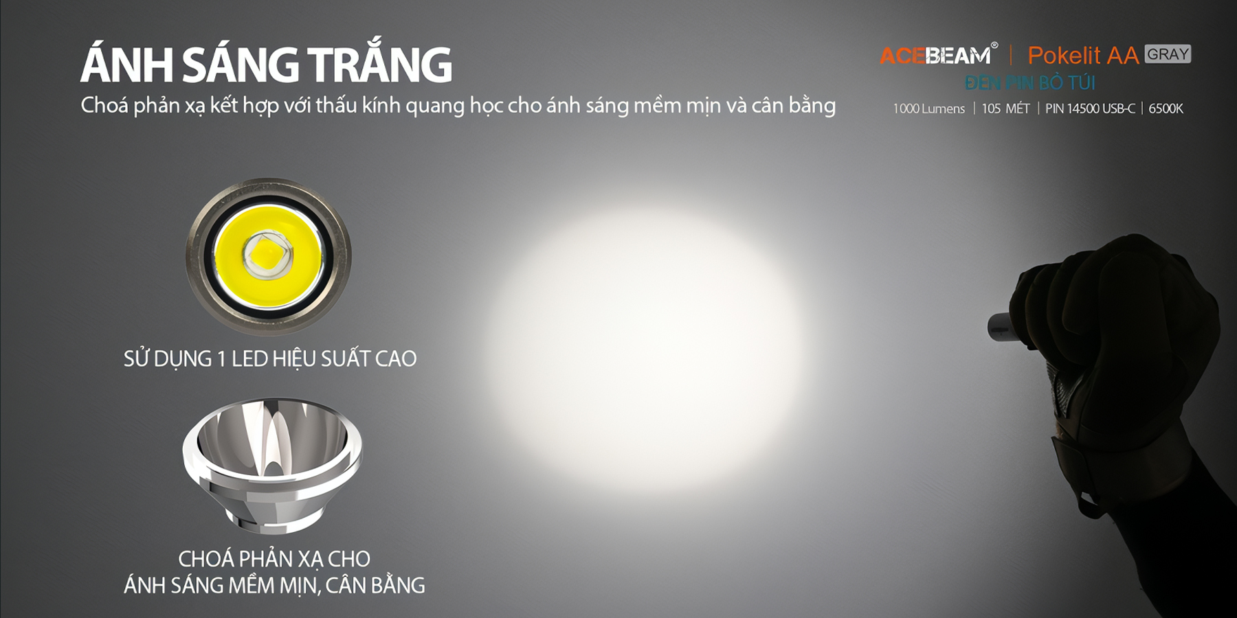 ACEBEAM POKELIT AA Đèn Pin Cắm Trại Độ Sáng 1000lm Chiếu Xa 105m Pin 14500 Ánh Sáng Trắng