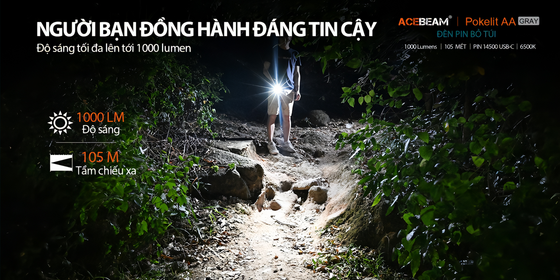 ACEBEAM POKELIT AA Đèn Pin Cắm Trại Độ Sáng 1000lm Chiếu Xa 105m Pin 14500 Ánh Sáng Trắng