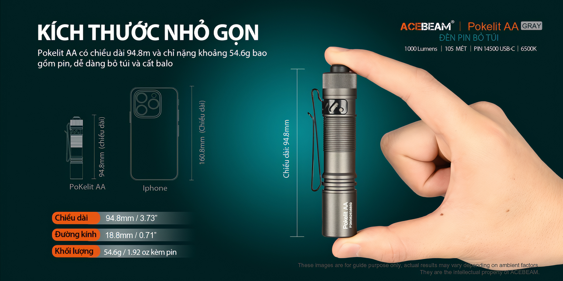 ACEBEAM POKELIT AA Đèn Pin Cắm Trại Độ Sáng 1000lm Chiếu Xa 105m Pin 14500 Ánh Sáng Trắng