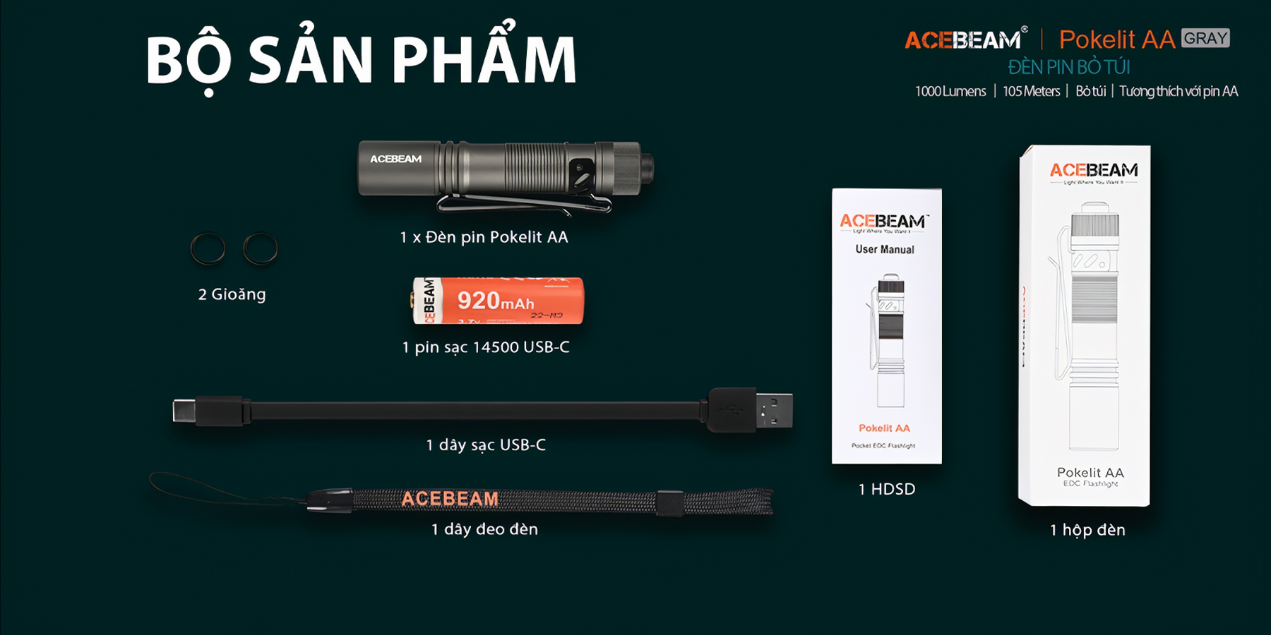 ACEBEAM POKELIT AA Đèn Pin Cắm Trại Độ Sáng 1000lm Chiếu Xa 105m Pin 14500 Ánh Sáng Trắng