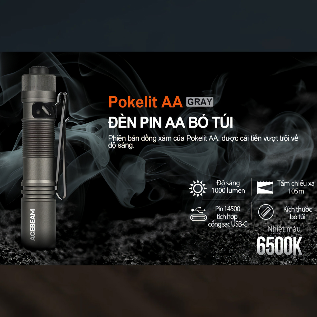 ACEBEAM POKELIT AA Đèn Pin Cắm Trại Độ Sáng 1000lm Chiếu Xa 105m Pin 14500 Ánh Sáng Trắng