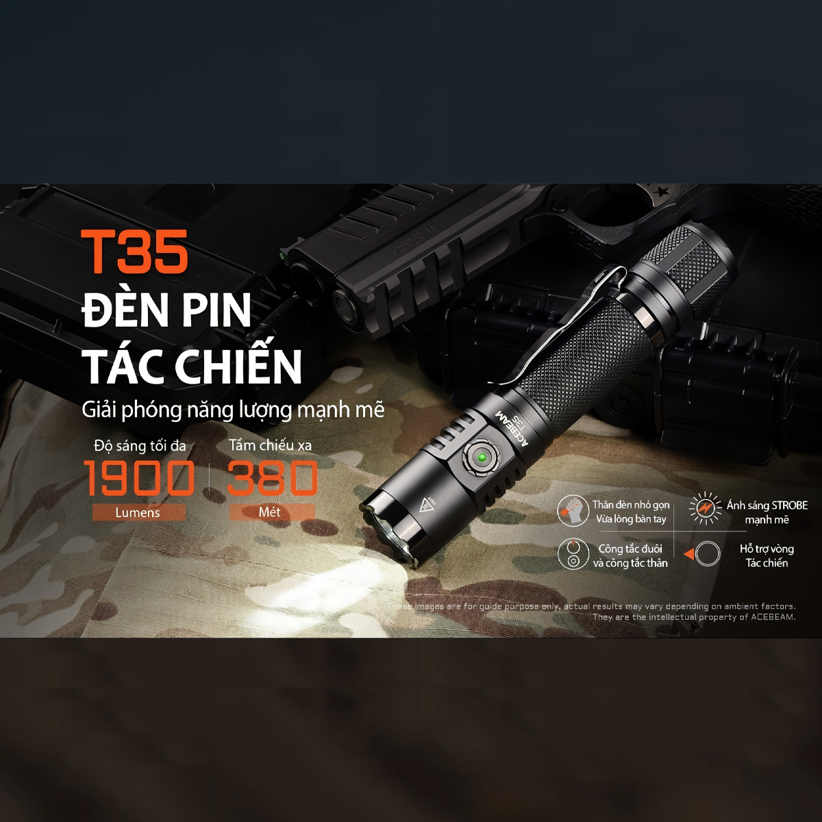 ACEBEAM T35 Đèn Pin Cắm Trại Sáng 1900 Lumens Chiếu Xa 380m Pin 18650 2600mAh Sạc USB C