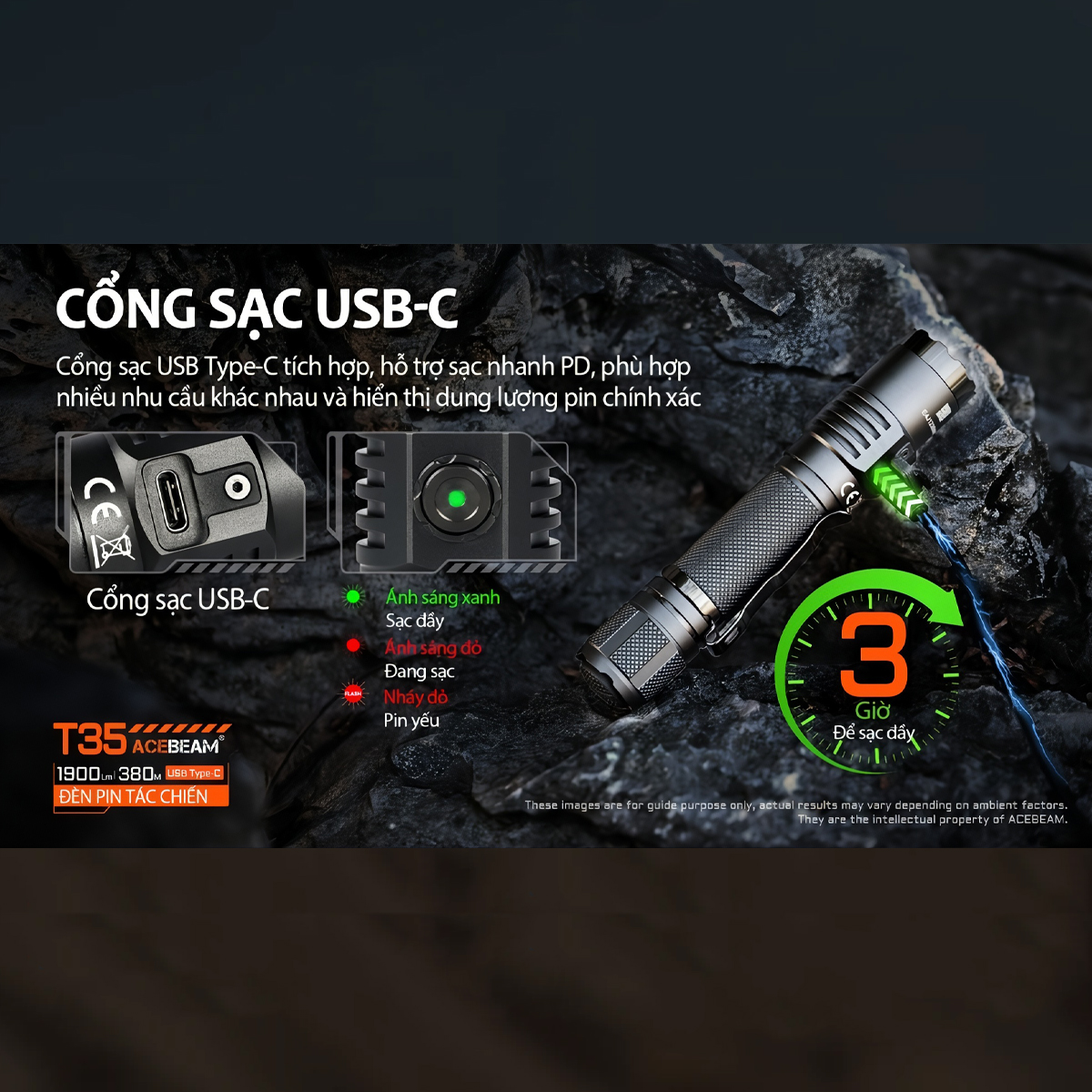 ACEBEAM T35 Đèn Pin Cắm Trại Sáng 1900 Lumens Chiếu Xa 380m Pin 18650 2600mAh Sạc USB C