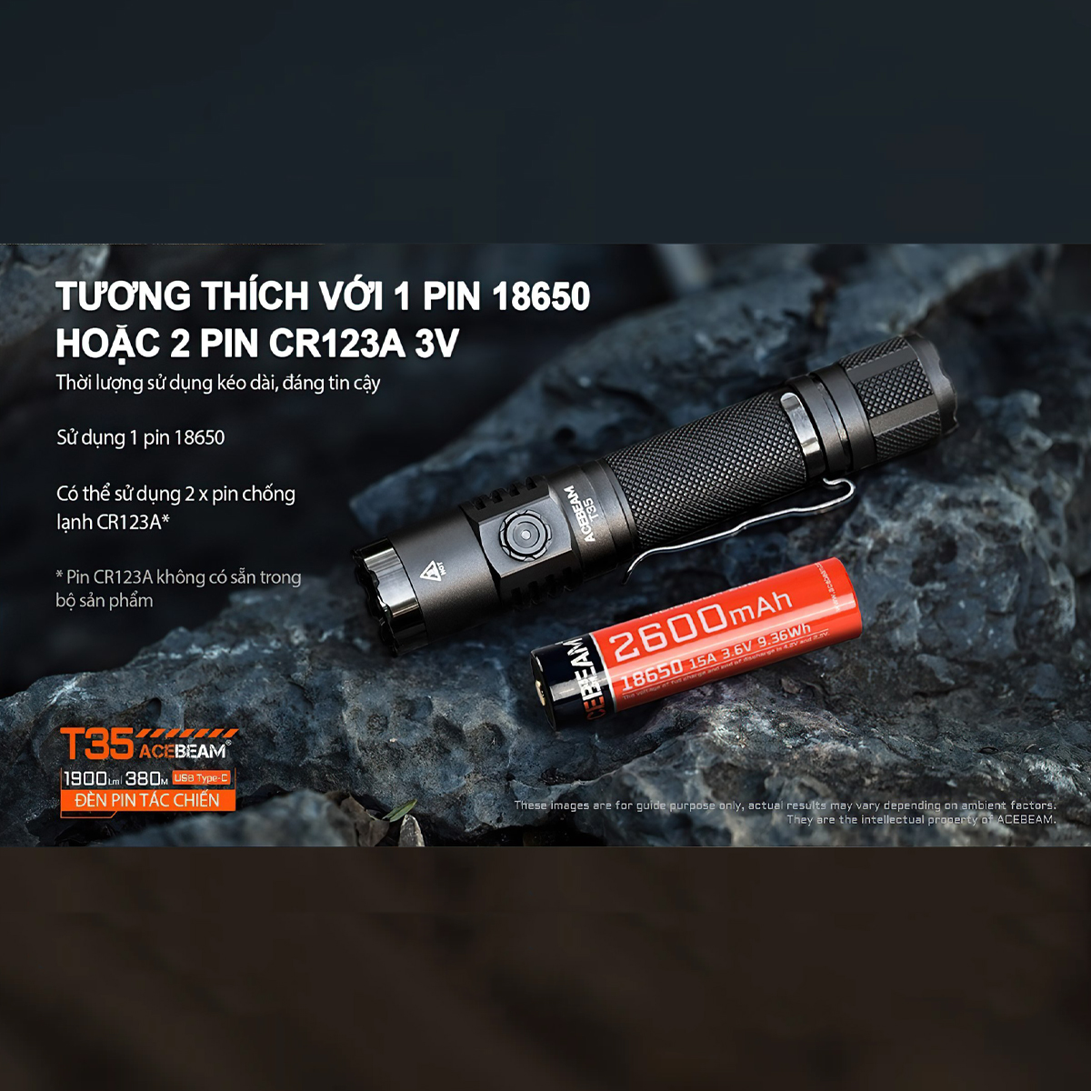 ACEBEAM T35 Đèn Pin Cắm Trại Sáng 1900 Lumens Chiếu Xa 380m Pin 18650 2600mAh Sạc USB C