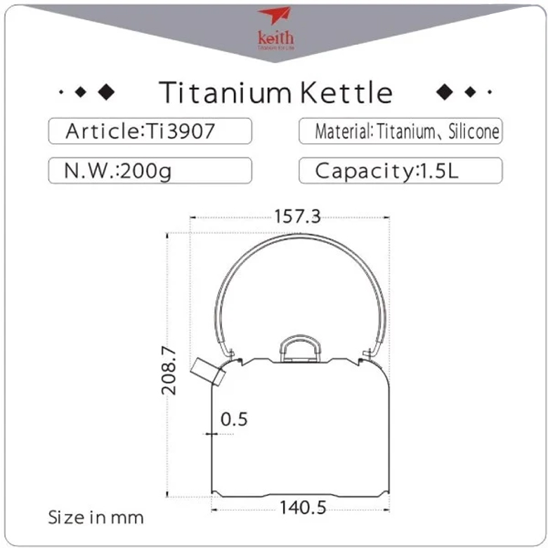 Bảng thông số Titanium Kettle Ti3907 1500ml kèm sơ đồ kích thước