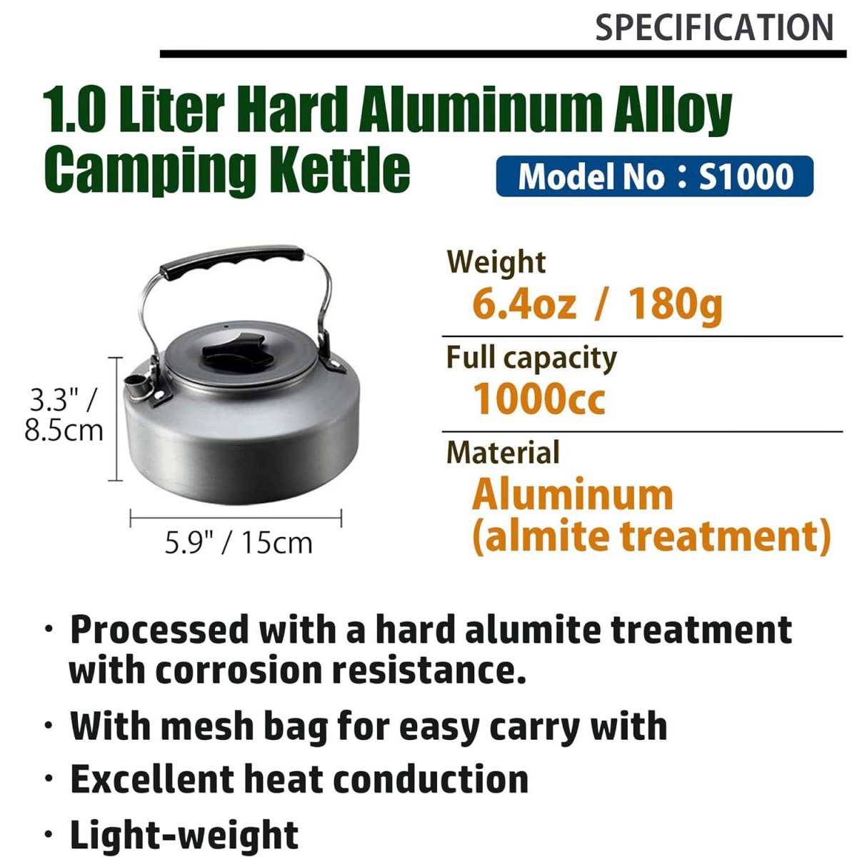 Campingmoon S1000 Ấm Đun Nước Bằng Nhôm  (1 Lít)