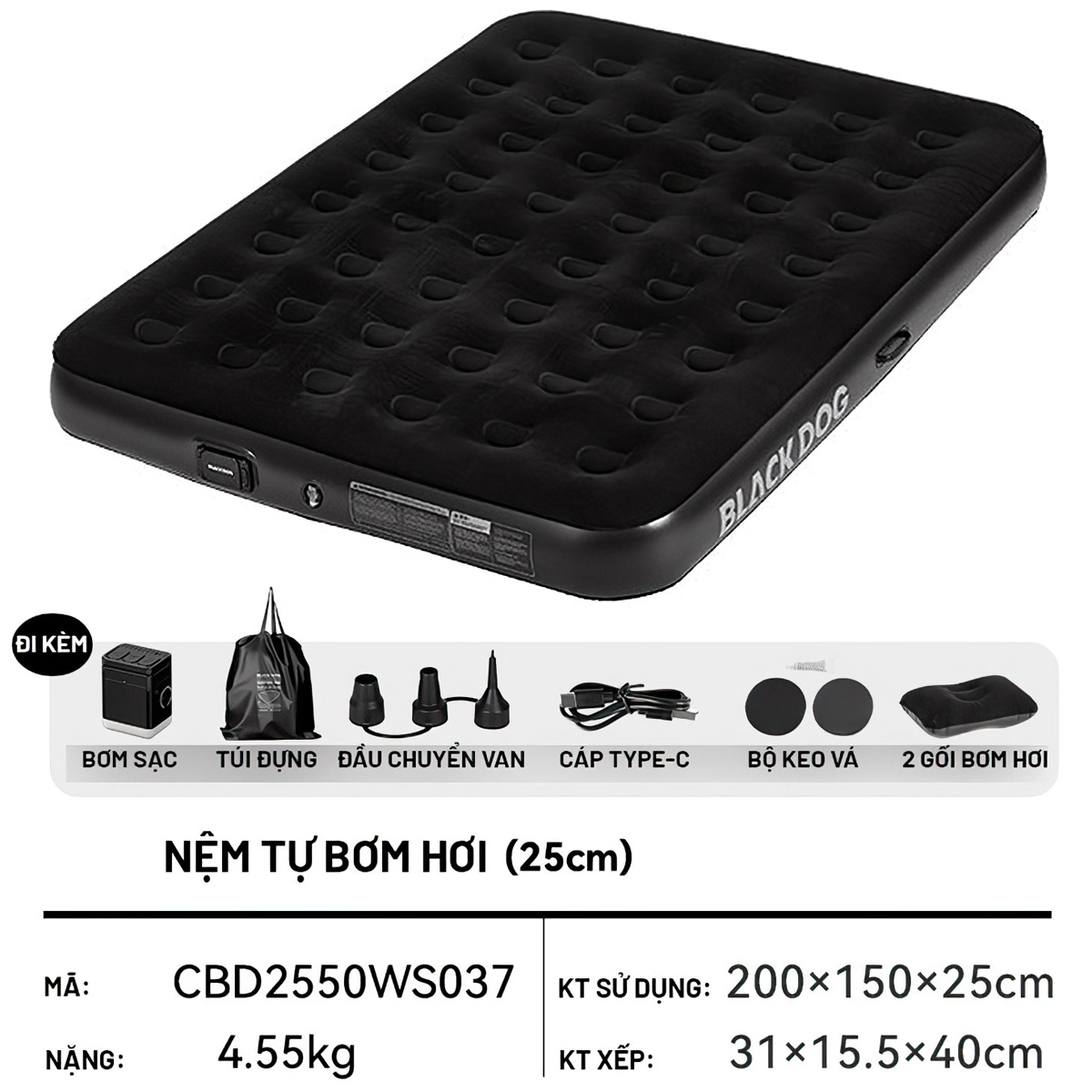 Blackdog Nệm Cắm Trại Tự Bơm Hơi Dày 25cm ( kèm bơm ) CBD2550WS037