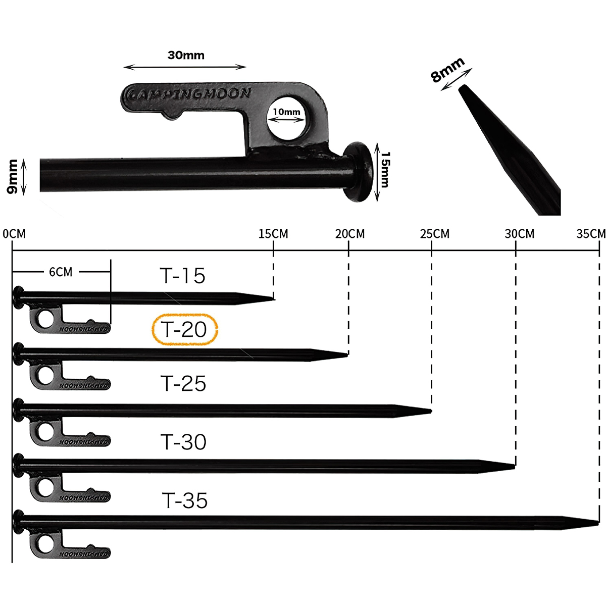 Bộ Cọc Tăng/Lều Cắm Trại Thép Mạ Đen Campingmoon T20-8, T30-8, T40-6