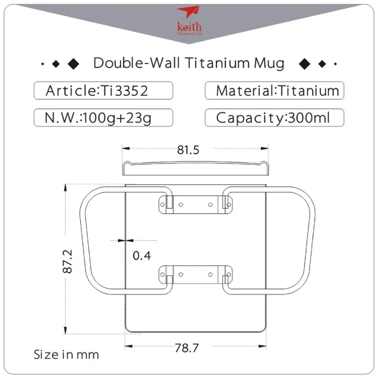 Ca Keith Double-Wall Titanium Mug with Folding Handle and Lid 300ml