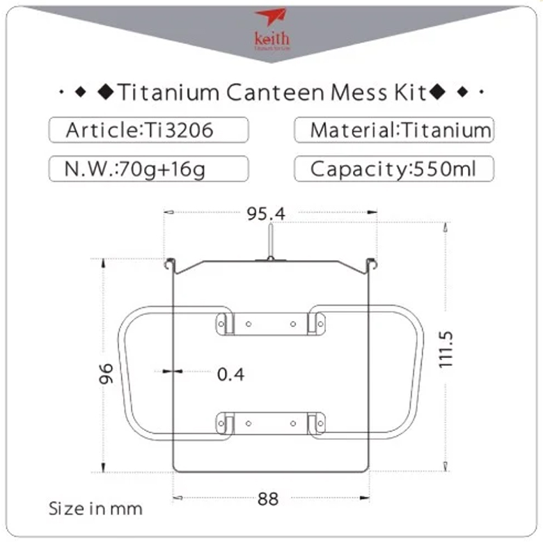 Bảng thông số kỹ thuật ca titanium Keith Ti3206, dung tích 550ml