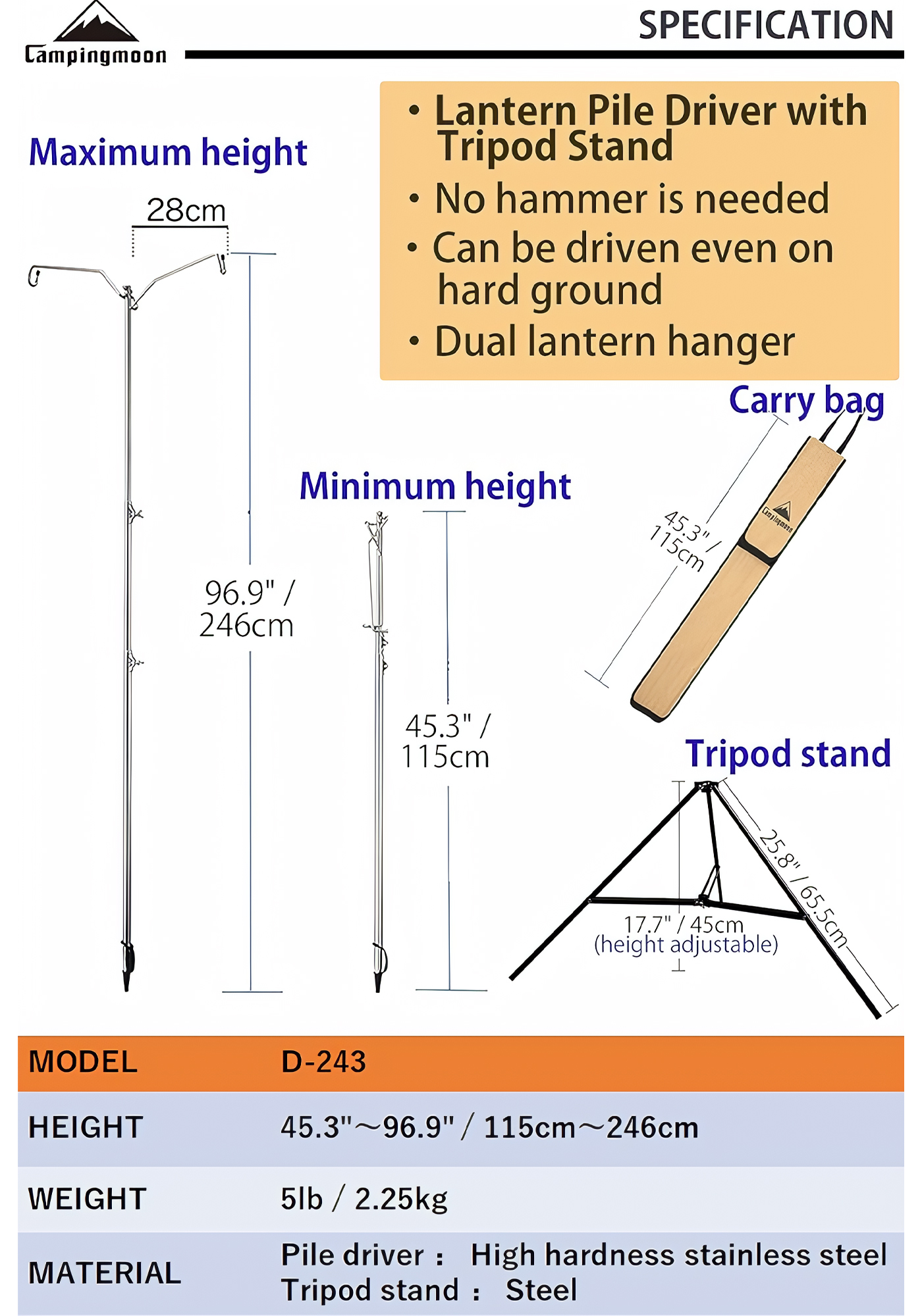 Campingmoon D-243 Cây Treo Đèn Dã Ngoại Cắm Trại 2 trong 1 ( có cọc đất + chân )