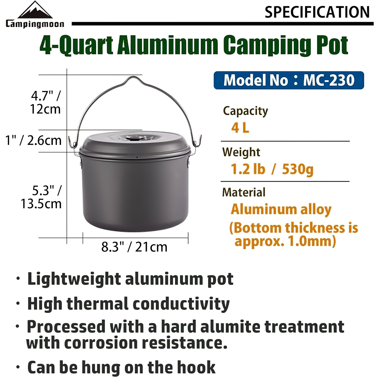Campingmoon MC-230 (4 Lít) Nồi Treo Bằng Nhôm Dã Ngoại