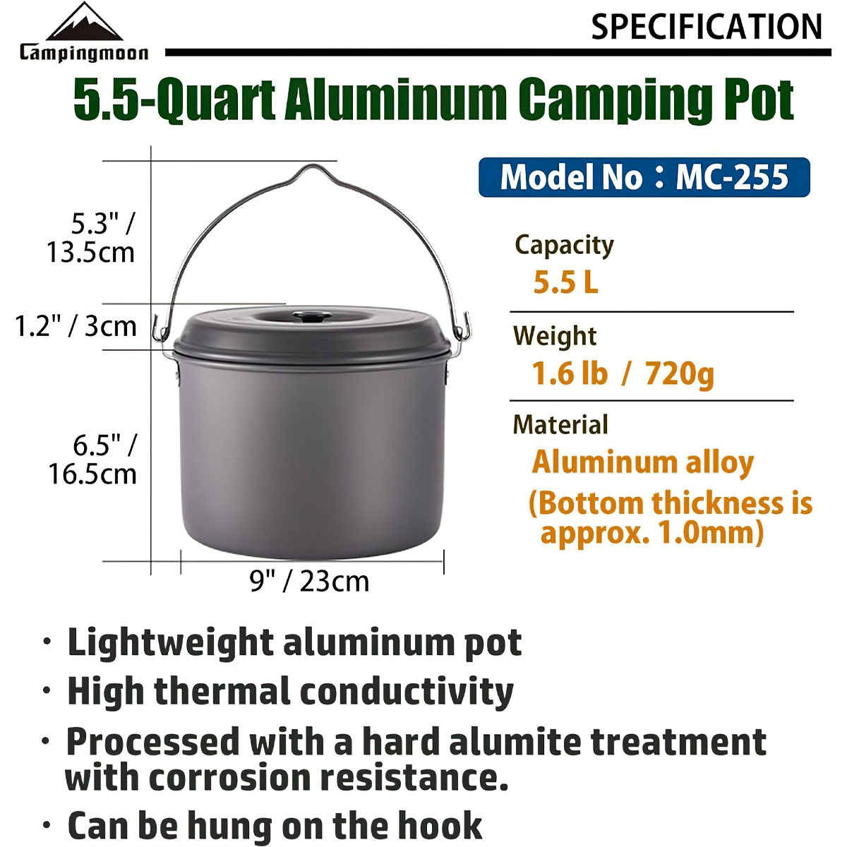 Campingmoon MC-255 (5.5 Lít) Nồi Treo Bằng Nhôm Dã Ngoại