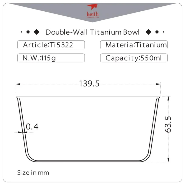 Bảng thông số kỹ thuật và sơ đồ kích thước chén titanium Keith Ti5322 550ml