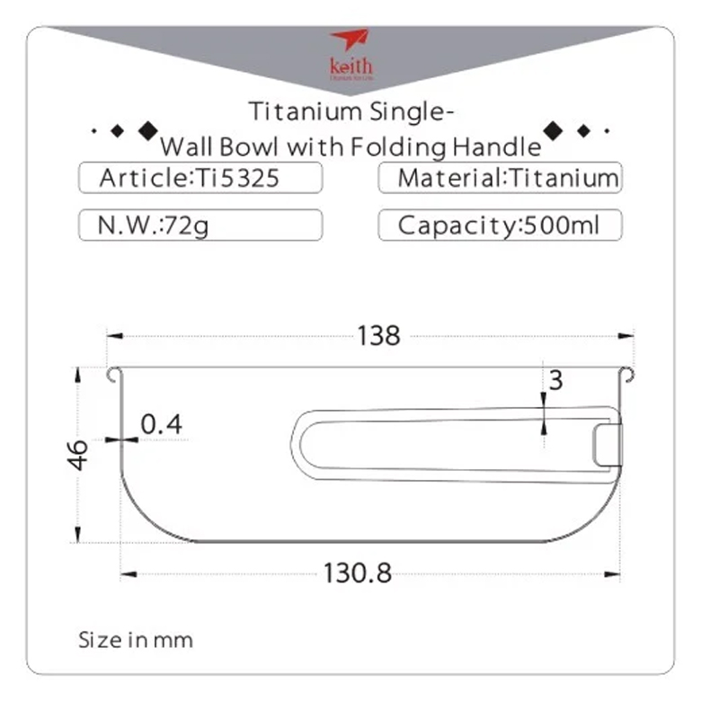 Bảng thông số kỹ thuật chén titanium Keith Ti5325, dung tích 500ml, nặng 72g