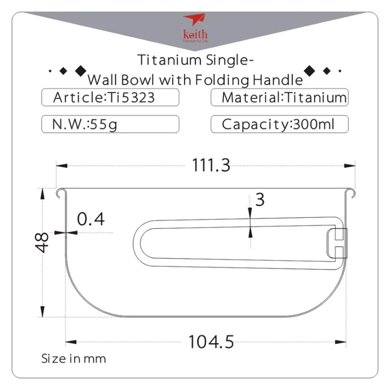 Bảng thông số kỹ thuật chén titanium Keith một lớp Ti5323, dung tích 300ml, nặng 55g