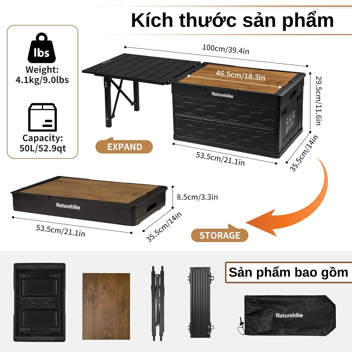 Naturehike Thùng Xếp Gọn Cắm Trại 50L Tích Hợp Bàn CNK2450XB018
