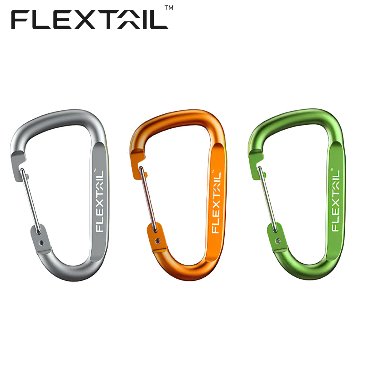 Bộ ba móc khóa carabiner Flextail màu bạc, cam, xanh lá kèm logo Flextail phía trên