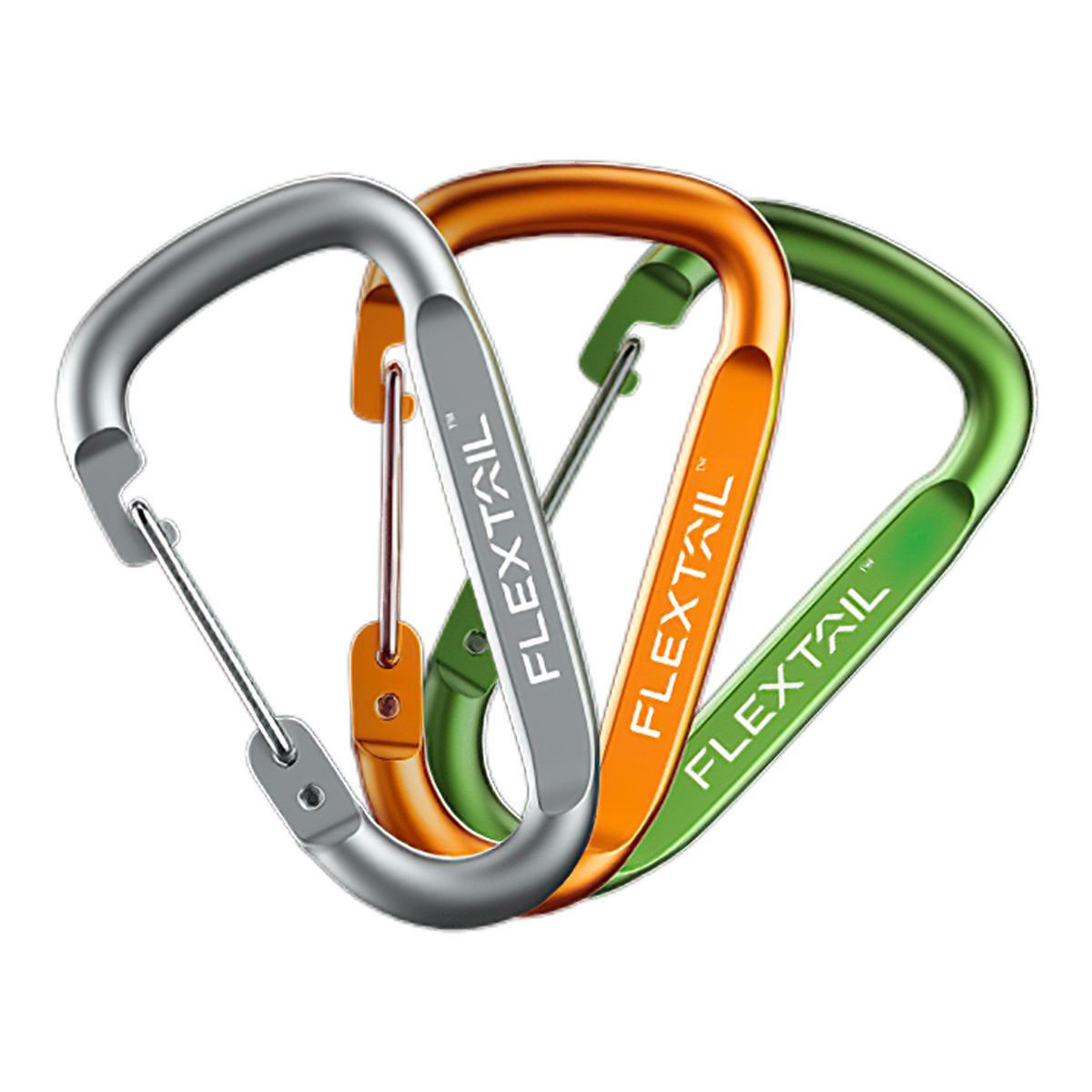 Bộ ba móc khóa carabiner Flextail lồng vào nhau, chụp cận cảnh trên nền trắng
