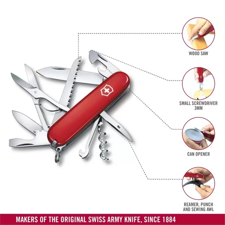 Dao Victorinox Huntsman với icon minh họa cưa gỗ, tua vít nhỏ, mở hộp