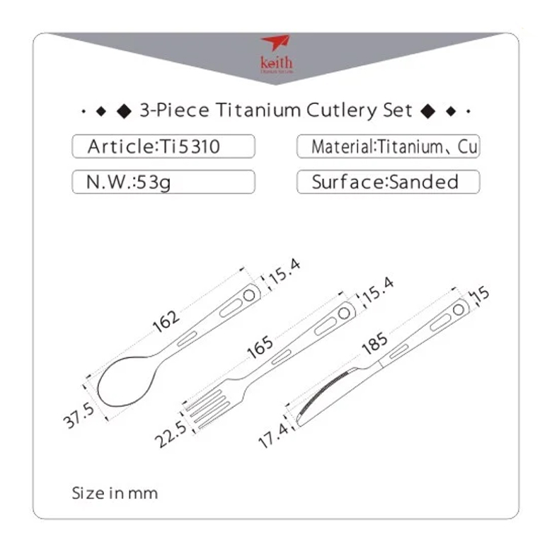Bảng thông số 3-Piece Titanium Cutlery Set kèm sơ đồ kích thước dao muỗng nĩa