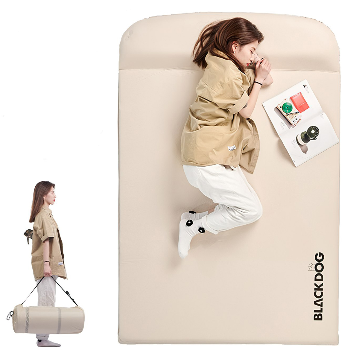 Đệm Tự Bơm Hơi Kèm Gối Cắm Trại Blackdog Thicken Sponge Self Inflatable Sleeping Pad With Pillow