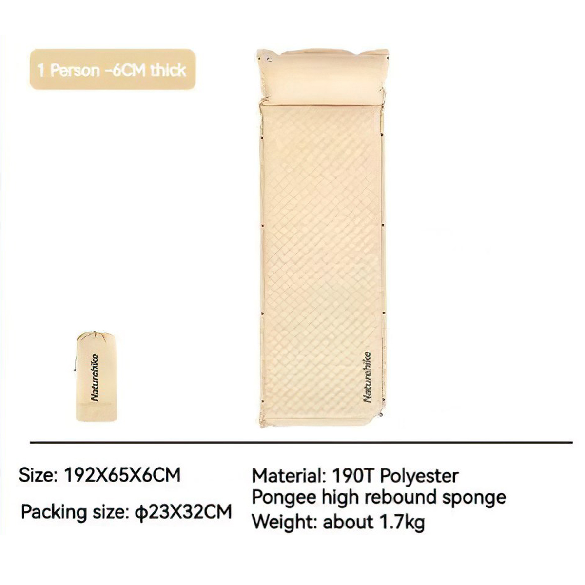 Naturehike CNK2300DZ014 Đệm Tự Bơm Hơi Kèm Gối Cắm Trại D01