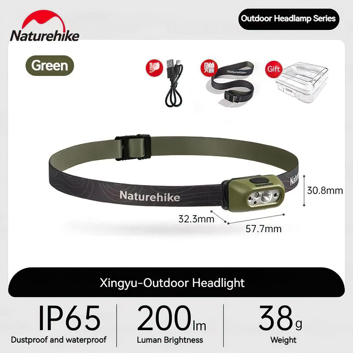 Naturehike CNK2300DQ023 Đèn Đeo Trán Chống Nước IP65 Cắm Trại