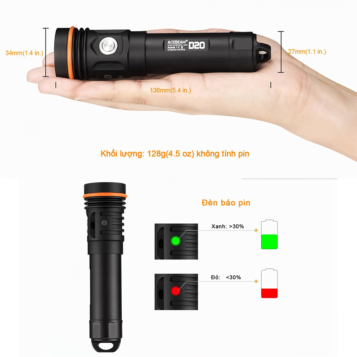 Đèn Lặn Du Lịch ACEBEAM D20 Chịu Sâu 200M, Sáng 2700 Lumen, Pin 21700 5100Mah (Kèm Theo)