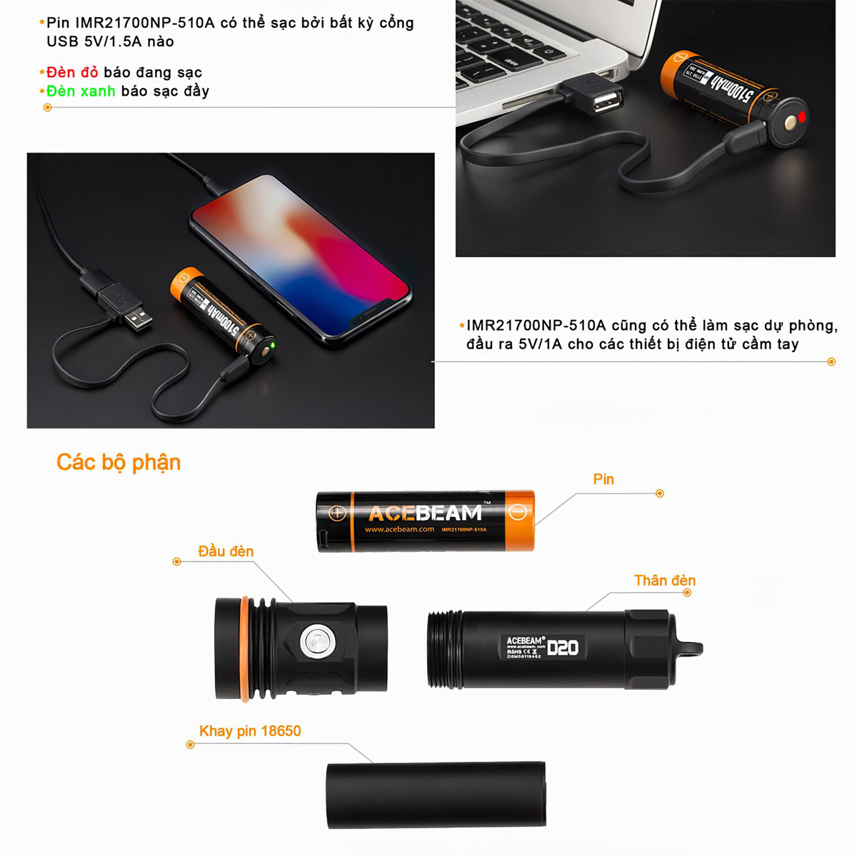 Đèn Lặn Du Lịch ACEBEAM D20 Chịu Sâu 200M, Sáng 2700 Lumen, Pin 21700 5100Mah (Kèm Theo)