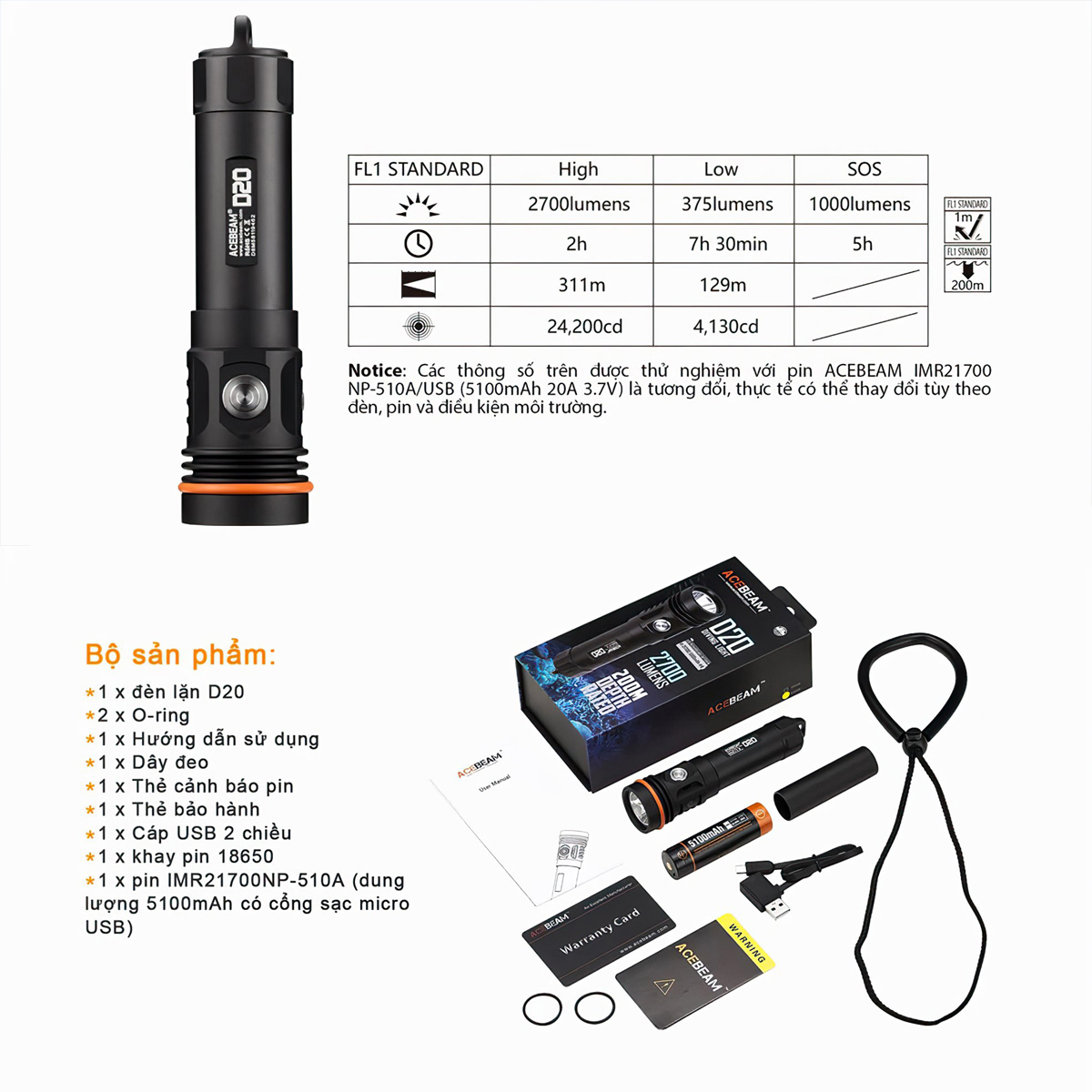 Đèn Lặn Du Lịch ACEBEAM D20 Chịu Sâu 200M, Sáng 2700 Lumen, Pin 21700 5100Mah (Kèm Theo)