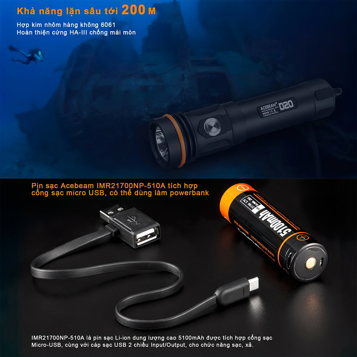 Đèn Lặn Du Lịch ACEBEAM D20 Chịu Sâu 200M, Sáng 2700 Lumen, Pin 21700 5100Mah (Kèm Theo)