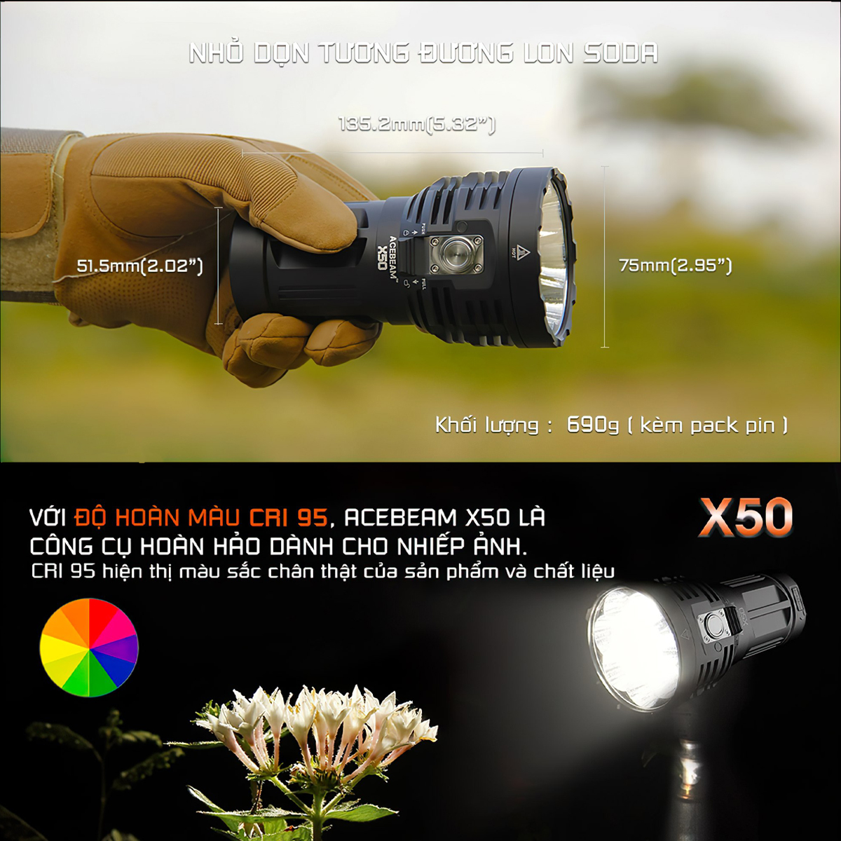 Đèn Pin Cắm Trại Du Lịch ACEBEAM X50 CRI95 Độ Sáng 21000 Lumen Nhiệt Màu 4500K Chiếu Xa 494M Pin Tích Hợp Cổng Sạc Xả Usb C