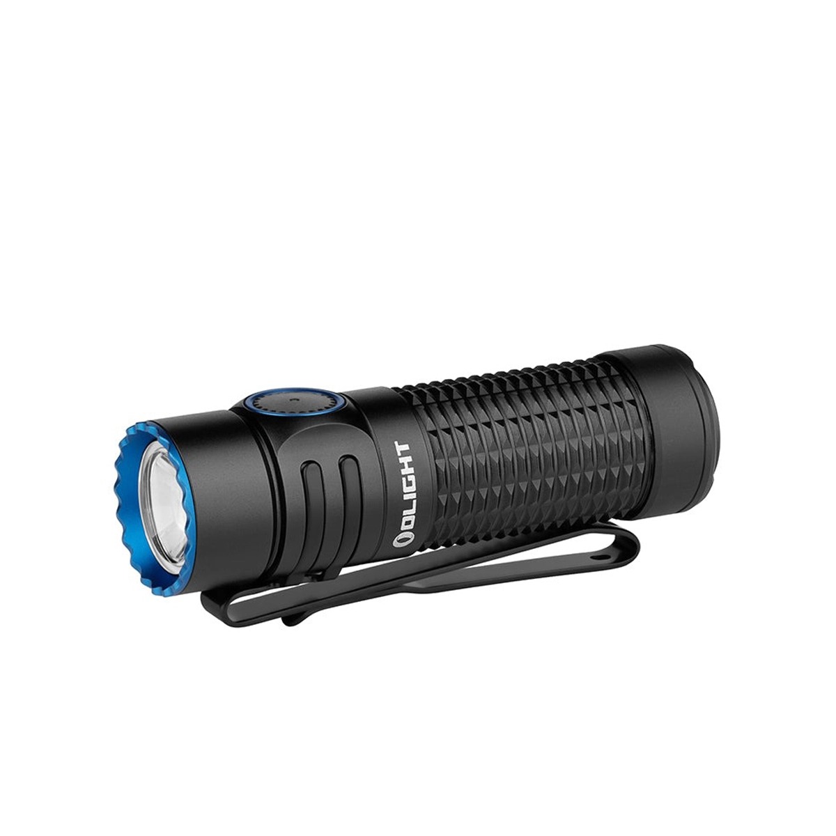 Đèn pin Olight Warrior Nano màu đen viền xanh dương, chụp thẳng trên nền trắng