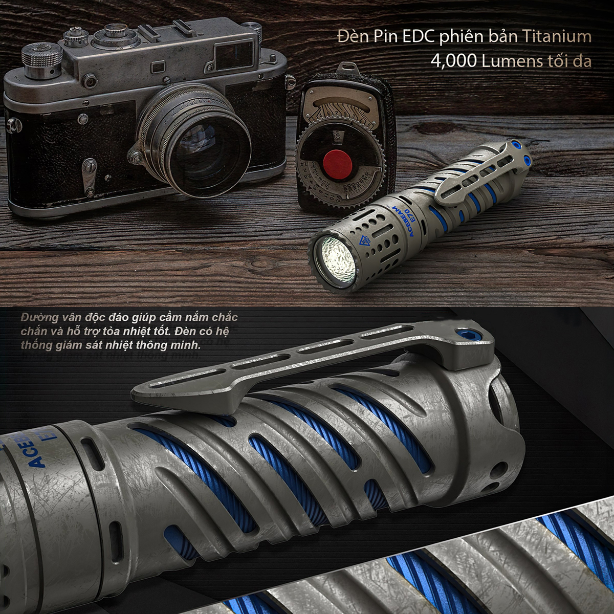 Đèn Pin Cắm Trại Du Lịch ACEBEAM E70 Titanium Độ Sáng 4000Lumen Chiếu Xa 240M Pin 21700 Usb-C