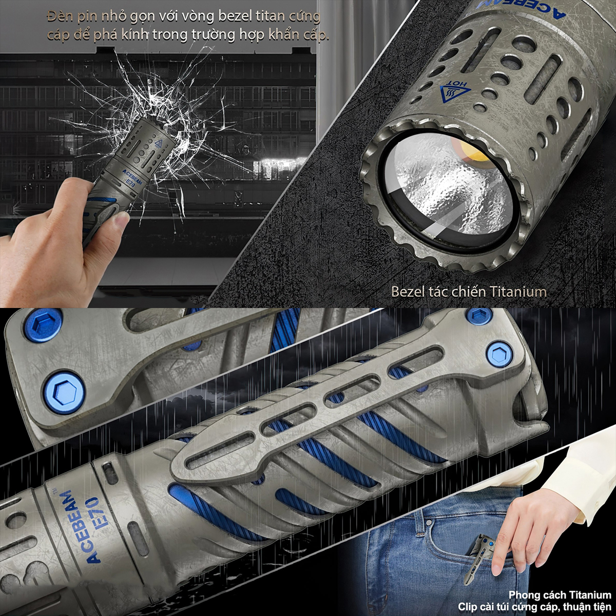 Đèn Pin Cắm Trại Du Lịch ACEBEAM E70 Titanium Độ Sáng 4000Lumen Chiếu Xa 240M Pin 21700 Usb-C