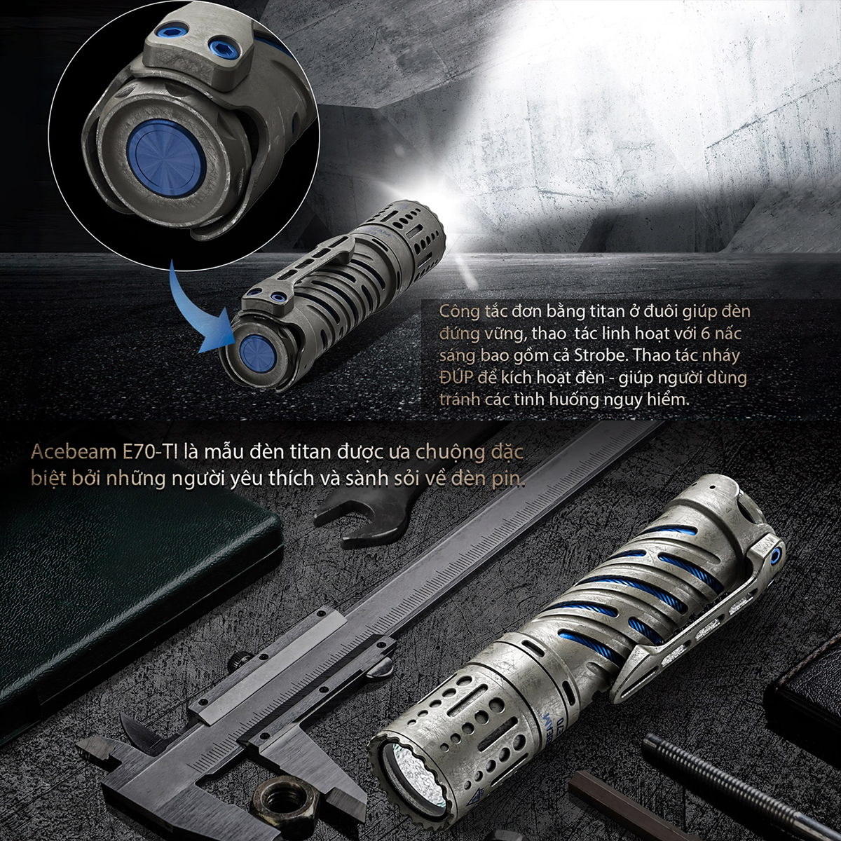 Đèn Pin Cắm Trại Du Lịch ACEBEAM E70 Titanium Độ Sáng 4000Lumen Chiếu Xa 240M Pin 21700 Usb-C