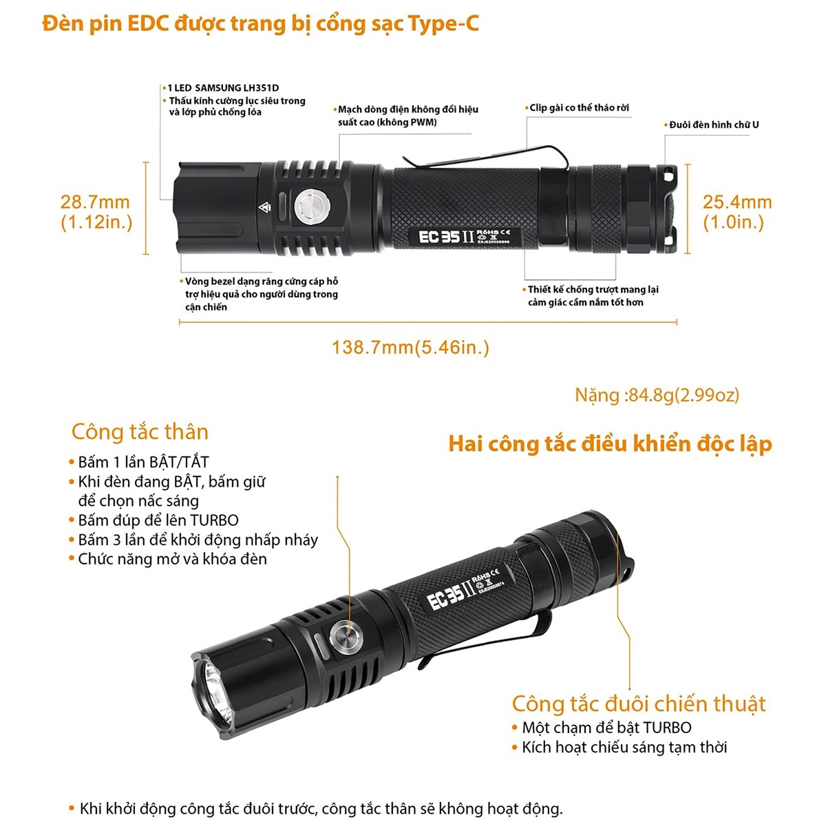Đèn Pin Cắm Trại Du Lịch ACEBEAM EC35 GEN II LED SAMSUNG LH351D Độ Sáng 1100 Lumen Chiếu Xa 180M Cổng Sạc Usb Type C