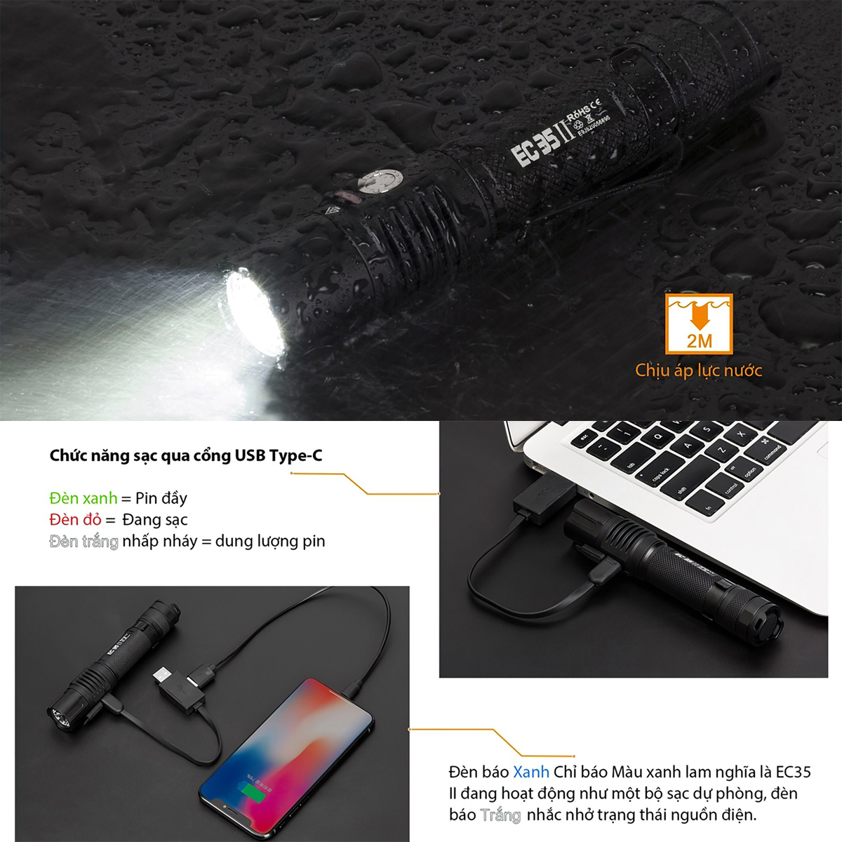 Đèn Pin Cắm Trại Du Lịch ACEBEAM EC35 GEN II LED SAMSUNG LH351D Độ Sáng 1100 Lumen Chiếu Xa 180M Cổng Sạc Usb Type C