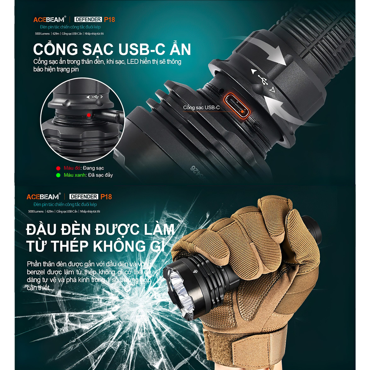 Đèn Pin Cắm Trại Du Lịch ACEBEAM P18 Defender Sáng 5000Lumen Chiếu Xa 629M Pin 21700 Sạc Usb C Công Tắc Kép Phản Ứng Nhanh