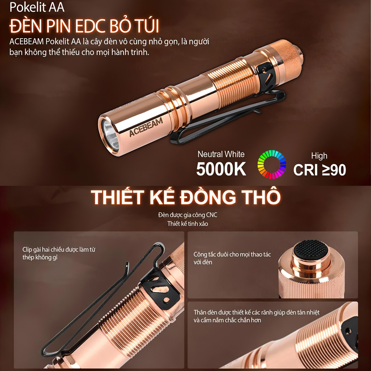 Đèn Pin Cắm Trại Du Lịch ACEBEAM POKELIT COPPER Độ Sáng 500Lm Chiếu Xa 80M Pin 14500 Độ Hoàn Màu Cao