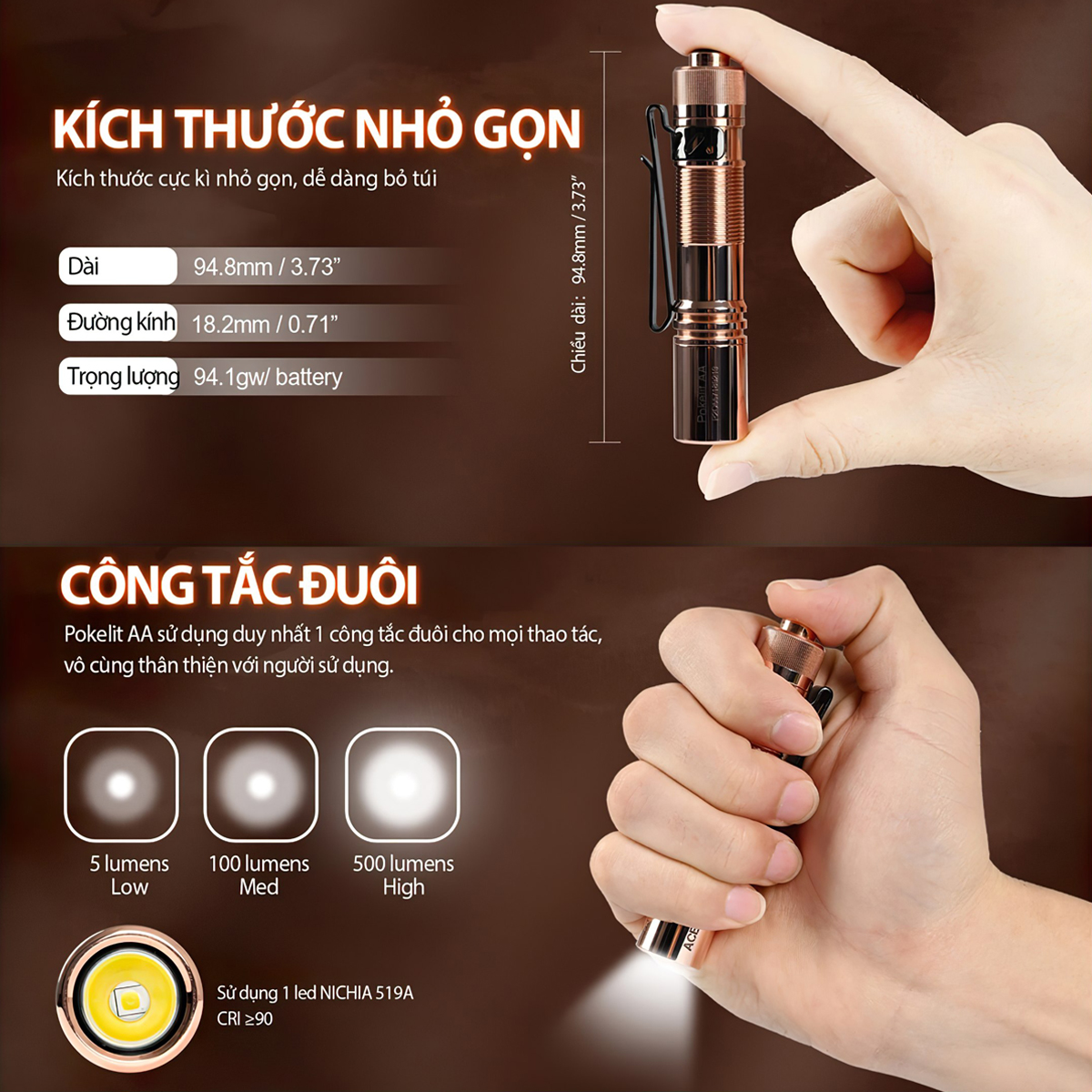 Đèn Pin Cắm Trại Du Lịch ACEBEAM POKELIT COPPER Độ Sáng 500Lm Chiếu Xa 80M Pin 14500 Độ Hoàn Màu Cao