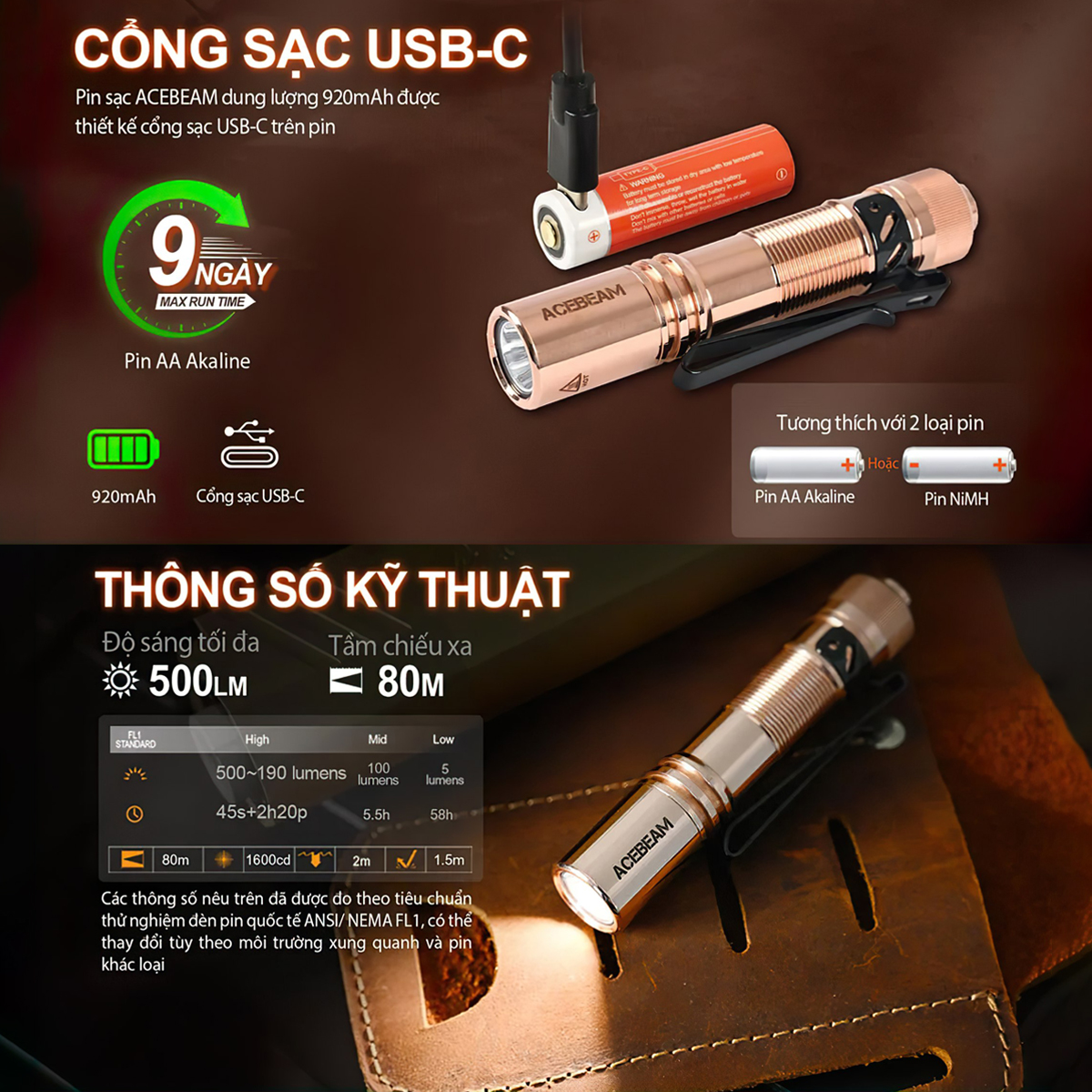 Đèn Pin Cắm Trại Du Lịch ACEBEAM POKELIT COPPER Độ Sáng 500Lm Chiếu Xa 80M Pin 14500 Độ Hoàn Màu Cao