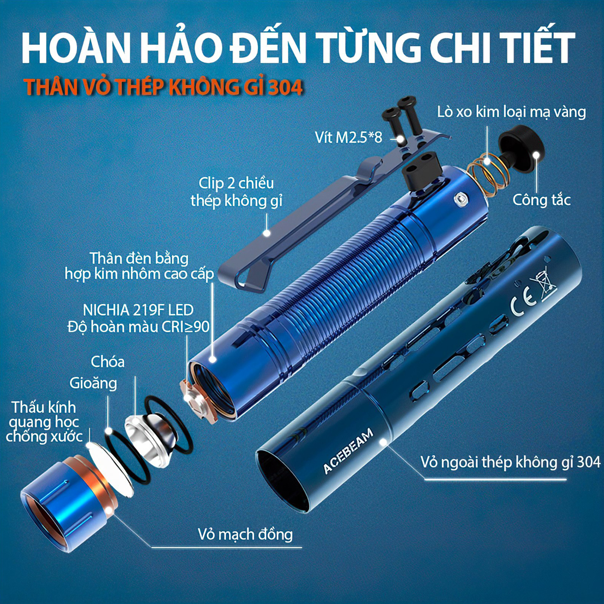 Đèn Pin Cắm Trại Du Lịch ACEBEAM RIDER RX BLUE Độ Sáng 650 Lumen Chiếu Xa 96M