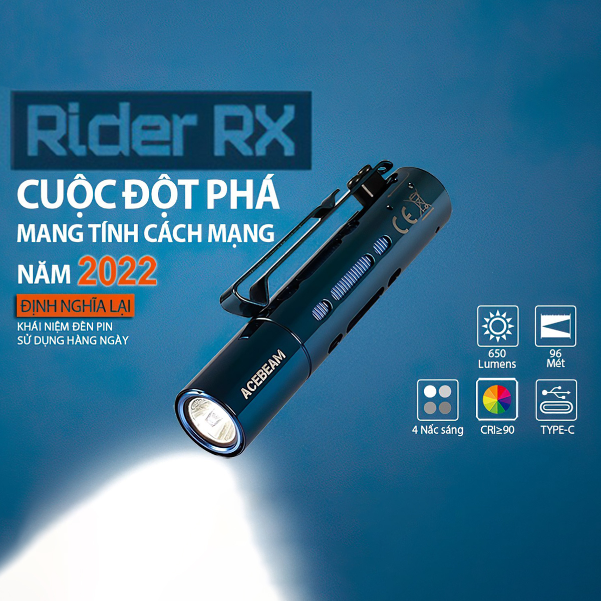 Đèn Pin Cắm Trại Du Lịch ACEBEAM RIDER RX BLUE Độ Sáng 650 Lumen Chiếu Xa 96M