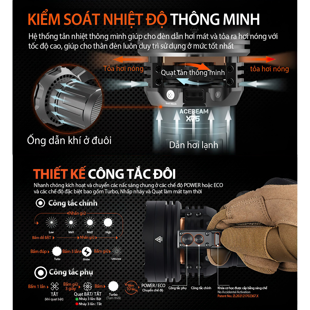 Đèn pin Cắm Trại Du Lịch ACEBEAM X75 độ sáng 80.000 lumen chiếu xa 1150 mét cổng sạc USB C kiêm Power Bank